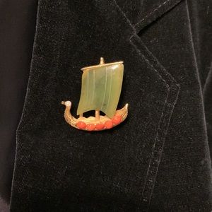 Swoboda Vintage Natural Stones Jeweled Sailing Ship Goldtone Pin Brooch